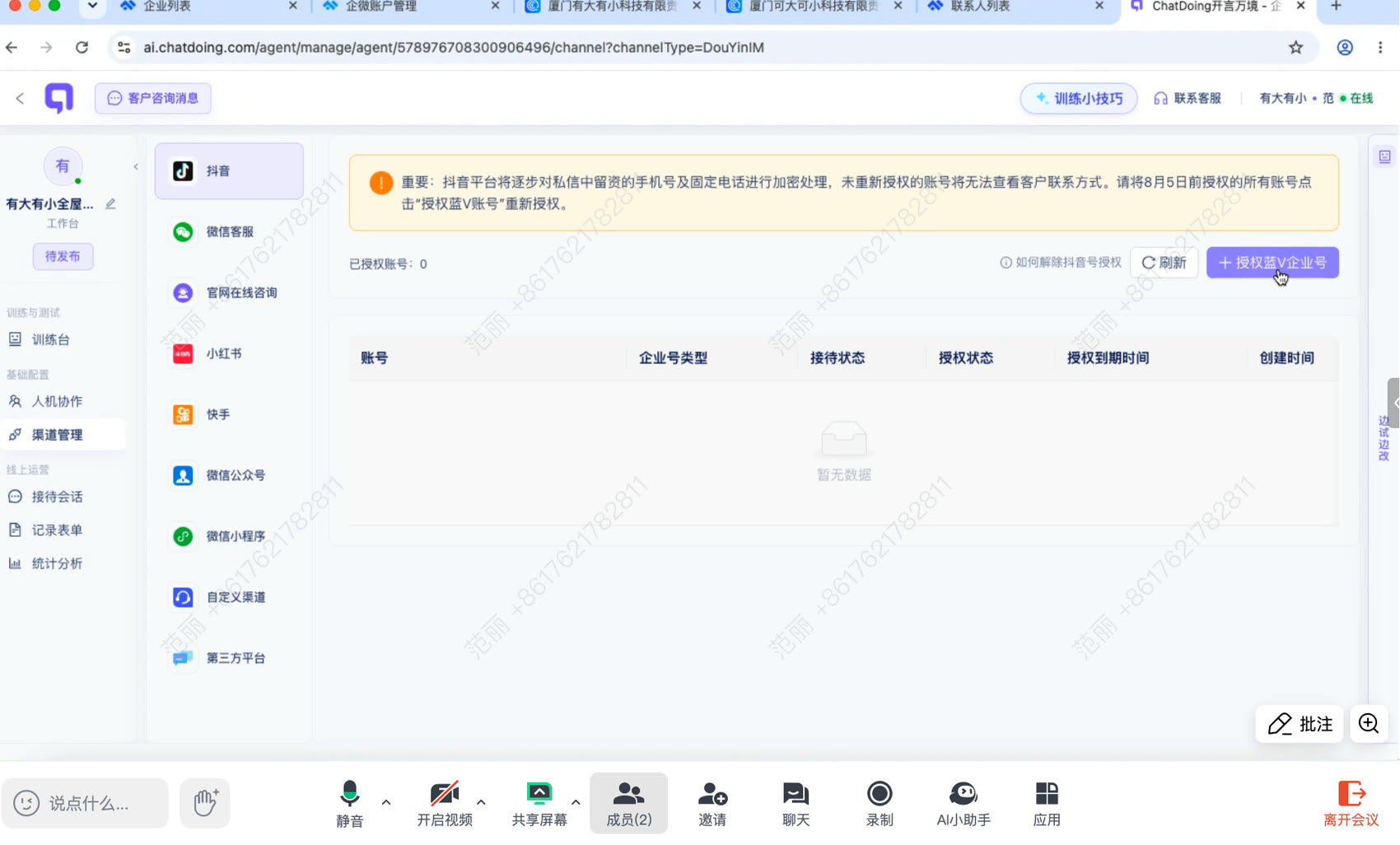 ChatDoing 渠道管理与蓝V授权